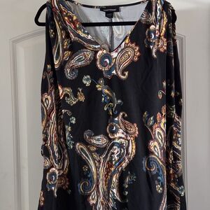 Tommy Bahama Black Paisley V-Neck Long Sleeve Dress with Multicolor Accents